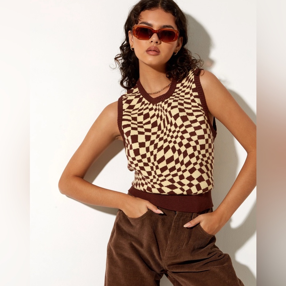 Motel Rocks Brown and Cream Graphic Fitted Tank Top